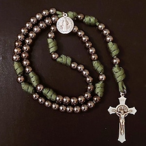 Handmade St. Benedict Rosary: Gunmetal Rosary Beads, Paracord, Heavy Duty, Customizable