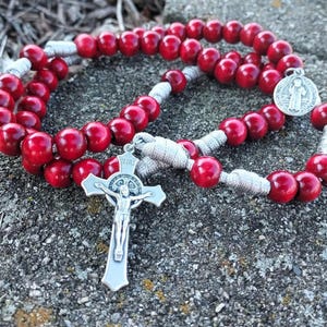 Handmade St. Benedict Rosary: Red Wood Rosary Beads & Paracord, Customizable