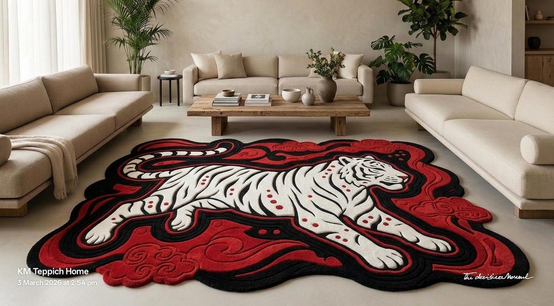 White Tiger Hand Tufted Rug, Custom Animal Shape, Red Black Japanese ...