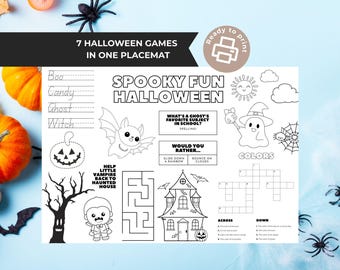 Halloween Activity Placemat for Kids – Spooky Coloring Games Mat, Fun Worksheet for Toddlers & Preschool (Instant Download, Printable PDF)