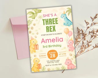 Editable Dinosaur Birthday Invitation Girl, Three Rex Party Invite, Pink Dino 3rd Birthday Card Template, Instant Download