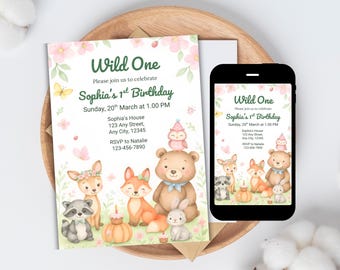 Safari Girl Birthday Invitation, Girl Wild One Invitation, Jungle Animals 1st Birthday Invitation, Editable Printable Canva Template