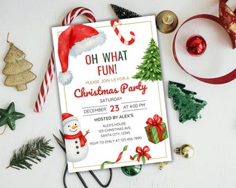 May include: A festive Christmas party invitation with a watercolor design. The invitation features a Santa hat, snowman, Christmas tree, and gift box. Text reads "OH WHAT FUN!" and details the party date, time, and location.