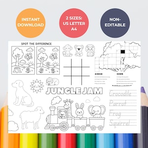 Safari Activity Placemat for Kids, Printable Coloring & Games Mat, Fun Jungle Theme Worksheet for Toddlers and Preschool, Instant Download