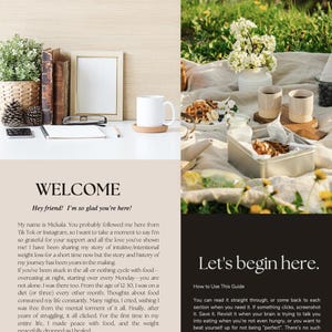 May include: A lifestyle image with text that reads "Welcome + What to Expect" and "Welcome". The image includes a white mug, books, a framed photo, and a picnic scene with waffles, coffee, and flowers.