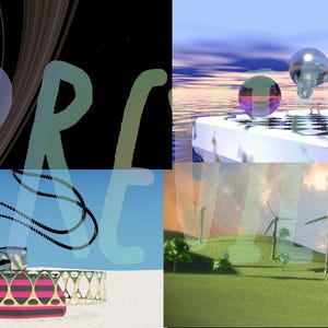 Peut inclure: Un collage d'art numérique présentant quatre scènes distinctes. L'une représente une planète avec des anneaux, une autre des sphères flottantes, une troisième un flacon de parfum et la dernière des éoliennes sur un champ vert. Le mot "APR" est superposé.