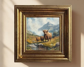 Mini Highland Cow Oil Painting, Three Cows in Misty Mountain Landscape, Hand Painted Canvas, Small Farm Wall Art, Small Wall Decor