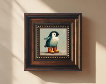 Mini pingüino bebé con botas naranjas, pintura al óleo, arte de pared caprichoso / 4 x 4 pulgadas, pintado a mano y enmarcado / Decoración para guardería / Lindo regalo de animales