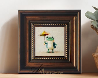 Pintura de rana con paraguas, lindo arte animal, rana caprichosa, decoración de escritorio, mini lienzo, arte de pared, 4 x 4 pulgadas, divertido arte de mascota, pintura lúdica
