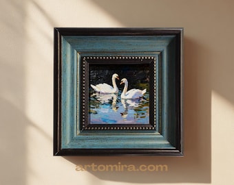 Mini Swan Couple Oil Painting | Romantic Lake Art | 4X4 Inch Small Canvas | Cute Love Gift For Couples，Mini Canvas Art，Small Oil Painting