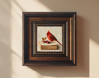 Mini peinture à l'huile oiseau cardinal art mural | 4 x 4 peint à la main encadré | Décoration d'intérieur fantaisiste | Petite oeuvre d'art murale | Cadeau pour elle