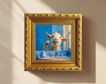 Mini peinture à l'huile drôle d'art de chèvre, chèvre d'humour de salle de bains, décoration mignonne de chèvre, art rustique de chèvre, petite peinture à l'huile, art de mur de décoration de chèvre