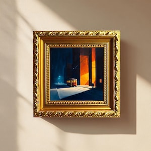 May include: A framed painting depicting a city street scene at dusk. The artwork features a trolley, buildings, and figures in the distance, with warm light contrasting against cool shadows. The frame is ornate and gold-colored.