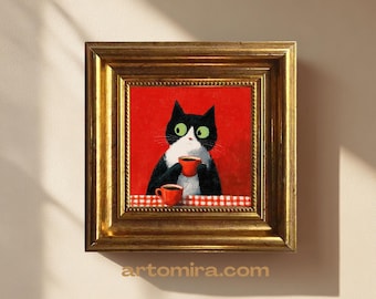 Mini Funny Cat Drinking Coffee Oil Painting Whimsical Kitchen Wall Art | 4X4 Inch Hand Painted Framed Art | Cat Lover Gift | Gift for Him