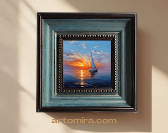 Mini Sailboat Sunset Oil Painting, 4x4 Inch Framed Art, Hand-Painted Seascape, Small Wall Art, Nautical Gift