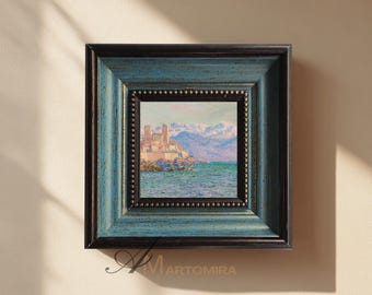 Oceaanlandschap olieverfschilderij origineel mini canvas kuststad bergen impasto klein landschap paletmes kunst klein olieverfschilderijtje cadeau voor haar