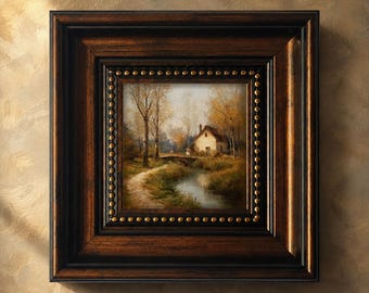 Inramad miniatyrlandskapsoljemålning, höststuga med bäck, original liten väggkonst, rustik naturdekor