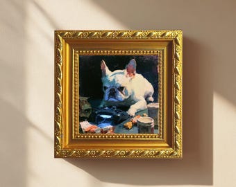 Mini White French Bulldog Gaming Oil Painting Moody Dark Art | 4X4 Hand Painted Framed | Pet Portrait | Gamer Room Decor
