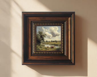 Mini Original Oil Painting, English Countryside, Cows by River, Handmade Tiny Canvas, Rustic Farmhouse Decor