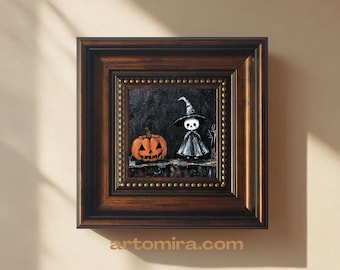 Mini peinture d'art citrouille et sorcière, cadeau drôle, cadre d'art d'halloween, art mural, décoration murale effrayante, oeuvre d'art Halloween originale, cadeau pour les enfants