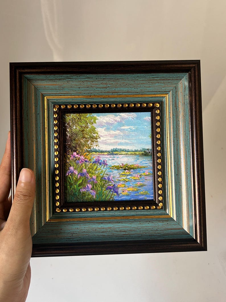 Mini Iris Flower & Landscape Oil Painting | 4X4 Inch Original Floral ...