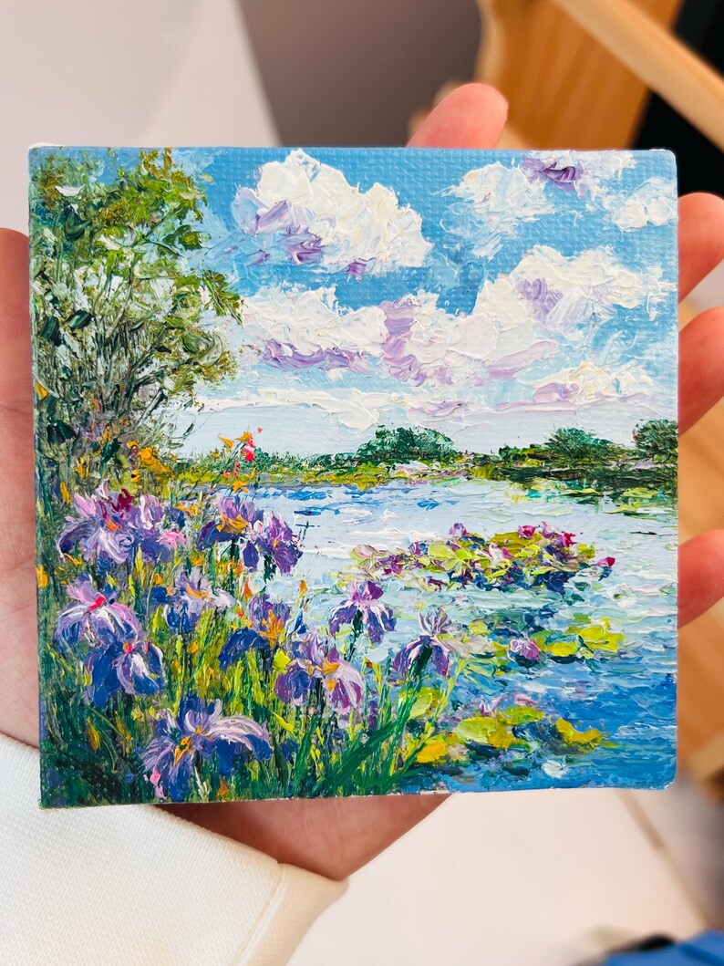 Mini Iris Flower & Landscape Oil Painting | 4X4 Inch Original Floral ...