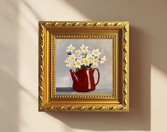 red teapot art|Narcissus flower art|floral teapot art|mini oil painting|Gift mom|gift for gradma|dainty wall decor|4x4 framed art|4x4 floral