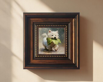 Mini White Terrier mit Grünem Blatt Ölgemälde Wunderliches Haustierporträt | 4 X 4 Hand bemalt gerahmt | Hund Kunst | Wohndekor