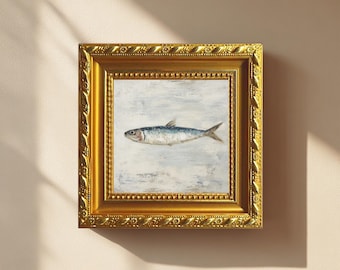 Mini Fish Oil Painting, Vintage Silvery Blue Koi, Hand Painted Canvas, Small Ocean Art Wall Decor Home Gift, Hand Painted Canvas Art