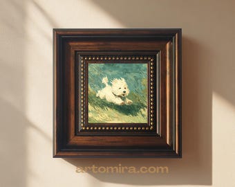 ミニ絵画 草むらを走る白い犬 手描き油絵 ミニアート 小さなフレーム 壁アート ペット愛好家へのギフト ミニキャンバス絵画