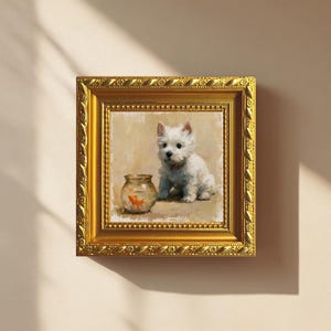 Mini Original Oil Painting, White Terrier Puppy and Goldfish Bowl, Handmade Tiny Canvas, Adorable Pet Portrait, Framed Wall Art