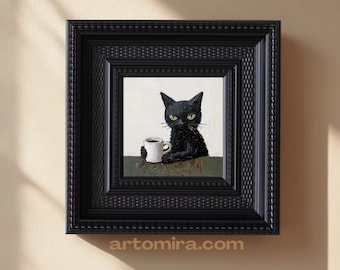 Mini Painting Black Cat Drinking Coffee Hand Painted Oil Painting Mini Art Small Frame Wall Art Gift For Cat Lover Mini Canvas Painting