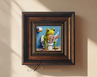 Mini Oil Painting Funny Frog On Toilet  Cute Hand-Painted Art Frog Reading Newspaper 4x4 inch frame art  Humorous Mini Art Gift