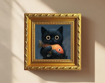 Mini Cat Oil Painting, Fluffy Black Kitten with Orange Fish, Hand Painted Canvas, Small Pet Portrait Wall Art Home Decor