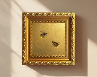 Mini Original Oil Painting, Two Glowing Fireflies on Gold, Handmade Tiny Canvas, Vintage Insect Art, Framed Wall Art