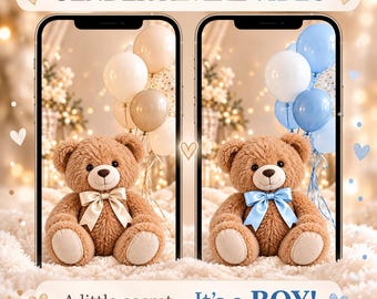 Könnte beinhalten: Zwei Smartphones zeigen ein Gender-Reveal-Video mit einem braunen Teddybären. Der linke Bildschirm zeigt einen Bären mit beiger Schleife und neutralen Luftballons, der rechte einen Bären mit blauer Schleife sowie blau-weißen Ballons. Text: GENDER REVEAL VIDEO und A little secret... It's a BOY!