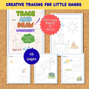 May include: A children's tracing workbook with the title "TRACE AND DRAW WORKSHEET". The cover shows a rocket, carrot, and other illustrations. The workbook contains 45 pages of easy traceable shapes and lines for ages 3-6. A red circle says "PDF copy Ready to Print".