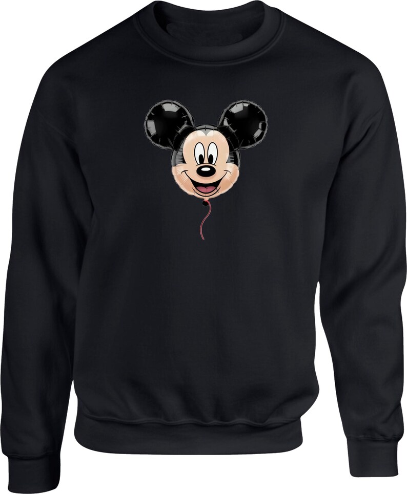 May include: Black sweatshirt featuring a Mickey Mouse balloon design. The balloon has black ears, a smiling face, and a red string. The sweatshirt is a solid black color.