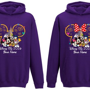 Personalised Disneyland Trip 2026 Family Hoodie, Group Family Holiday Vacation, Mickey And Friends Custom Name Hoodie, Unisex Kids Hood Top Purple (Mickey)