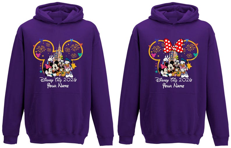 Personalised Disneyland Trip 2026 Family Hoodie, Group Family Holiday Vacation, Mickey And Friends Custom Name Hoodie, Unisex Kids Hood Top Purple (Mickey)