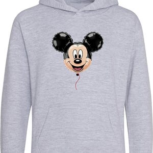 May include: A light gray hooded sweatshirt featuring a Mickey Mouse balloon graphic. The balloon has black ears, a smiling face, and a red string. The sweatshirt has a kangaroo pocket and a drawstring hood.