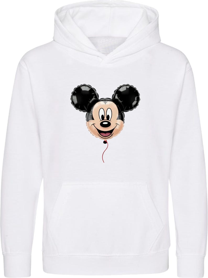 May include: White hooded sweatshirt featuring a Mickey Mouse balloon graphic. The balloon has black ears, a smiling face, and a red string. The sweatshirt has a front pocket and a hood.