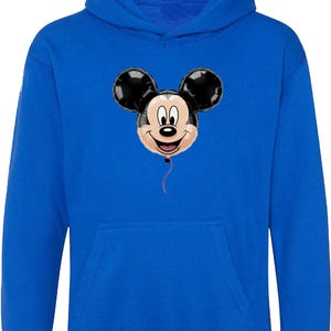 May include: A royal blue hooded sweatshirt featuring a Mickey Mouse balloon graphic. The balloon has black ears and a smiling face. A red string hangs from the bottom of the balloon. The sweatshirt has a front pocket.