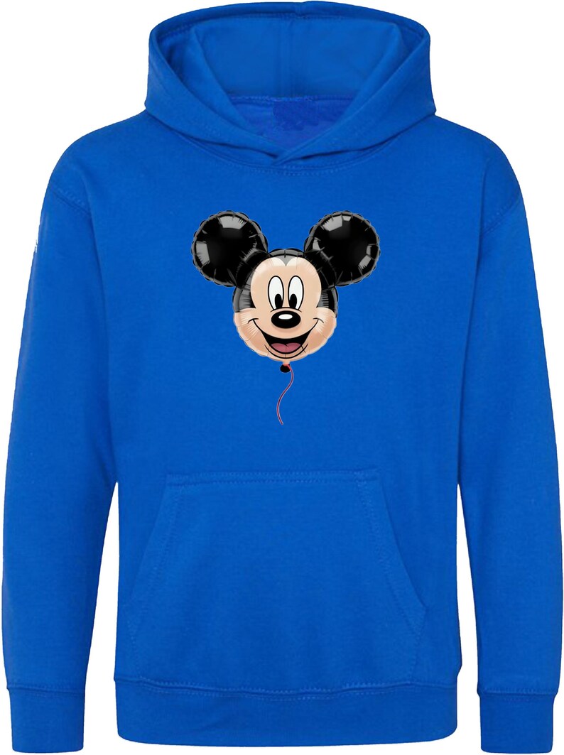 May include: A royal blue hooded sweatshirt featuring a Mickey Mouse balloon graphic. The balloon has black ears and a smiling face. A red string hangs from the bottom of the balloon. The sweatshirt has a front pocket.