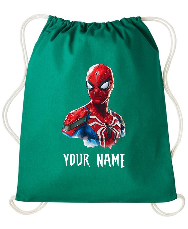 May include: A green drawstring backpack featuring a graphic of Spider-Man. The superhero is depicted in his classic red and blue suit. The text "YOUR NAME" is printed in white below the image.