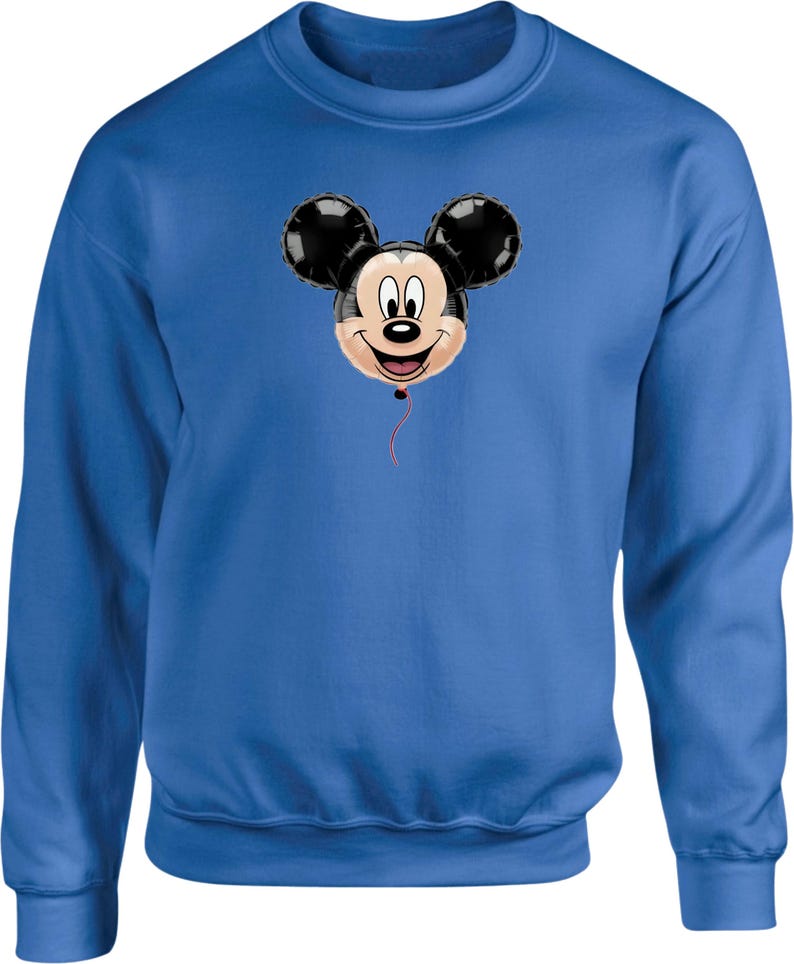 May include: A blue sweatshirt featuring a Mickey Mouse balloon graphic. The balloon has black ears and a smiling face, with a red string. The sweatshirt is a solid blue color.