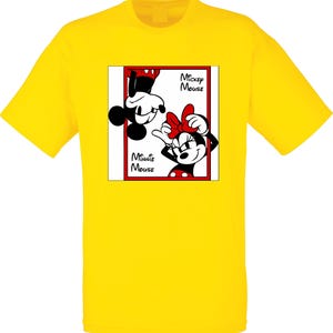 May include: Yellow t-shirt featuring a graphic of Mickey and Minnie Mouse. The design includes the text "Mickey Mouse" and "Minnie Mouse" in a red frame. The cartoon characters are in black, white, and red.