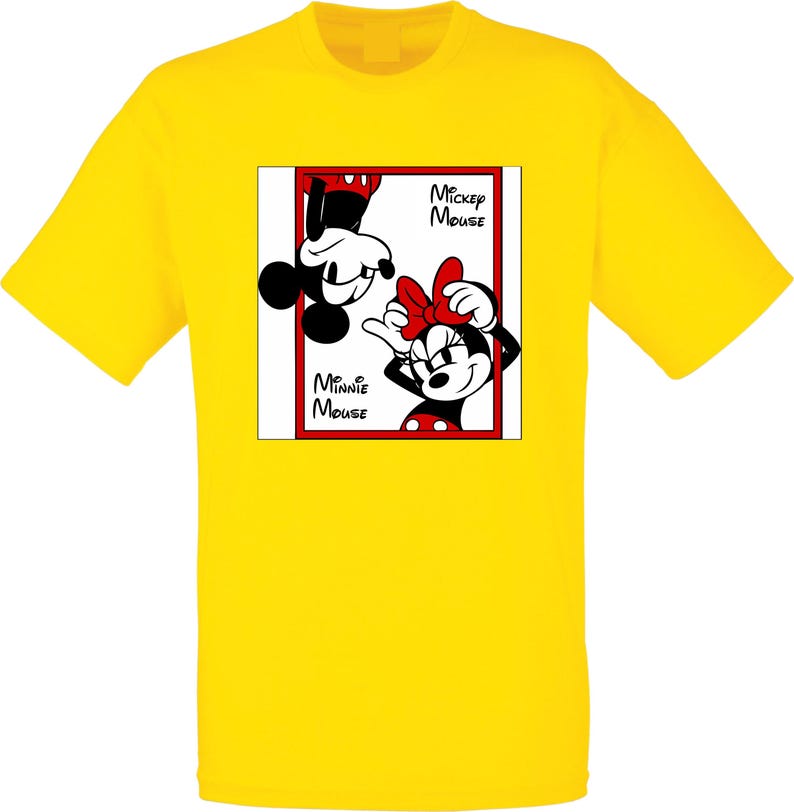 May include: Yellow t-shirt featuring a graphic of Mickey and Minnie Mouse. The design includes the text "Mickey Mouse" and "Minnie Mouse" in a red frame. The cartoon characters are in black, white, and red.
