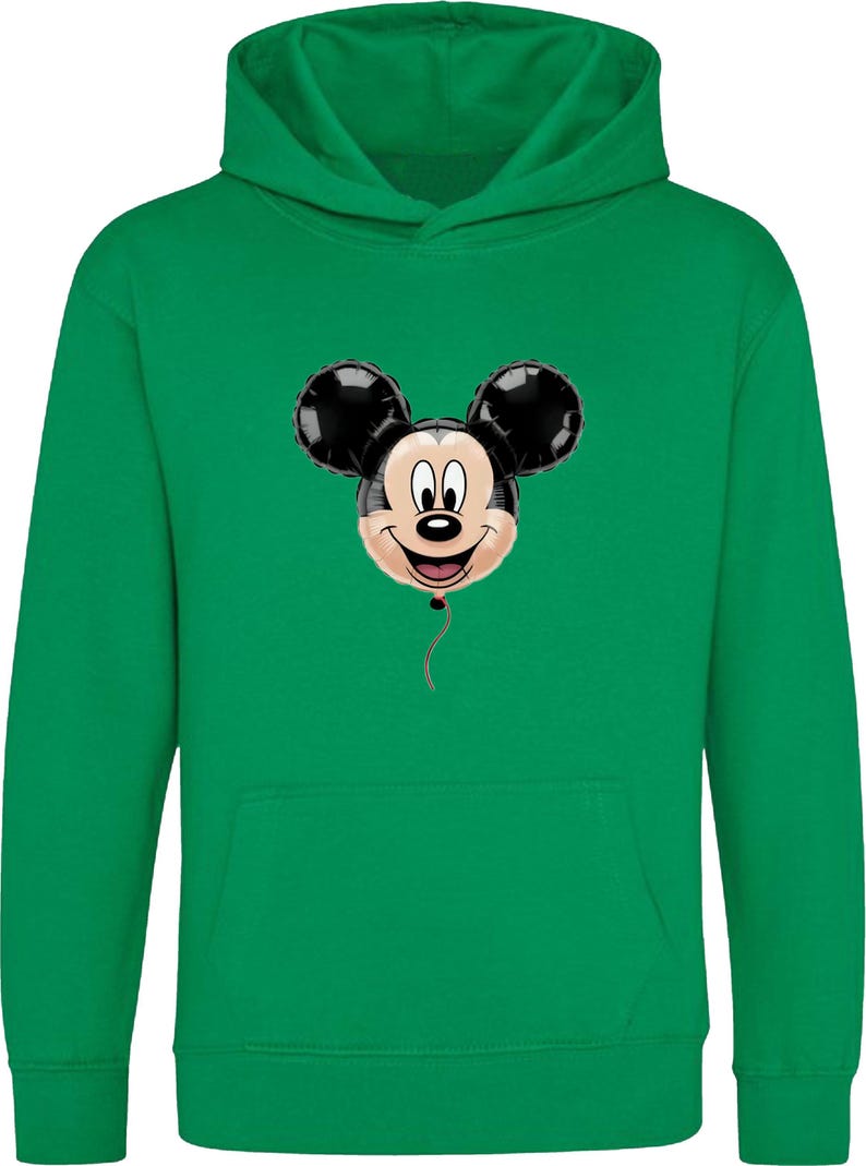 May include: Green hooded sweatshirt featuring a Mickey Mouse balloon graphic. The balloon has black ears and a smiling face. The sweatshirt has a kangaroo pocket and a drawstring hood. A fun and colorful design for fans of the iconic character.