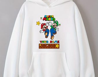 Sudadera con capucha personalizada de Super Mario, sudadera con texto de nombre personalizado de Mario, sudadera con capucha divertida de Super Mario para el mejor cumpleaños de niños, sudadera con capucha unisex para adultos y niños.